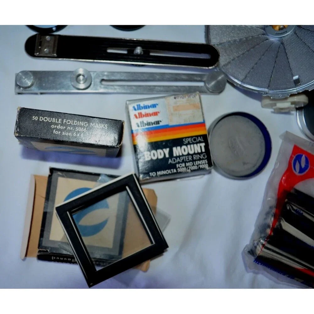 Vintage Camera Accessories Lot Filters Flash Brackets Adapter Ring Folding Masks